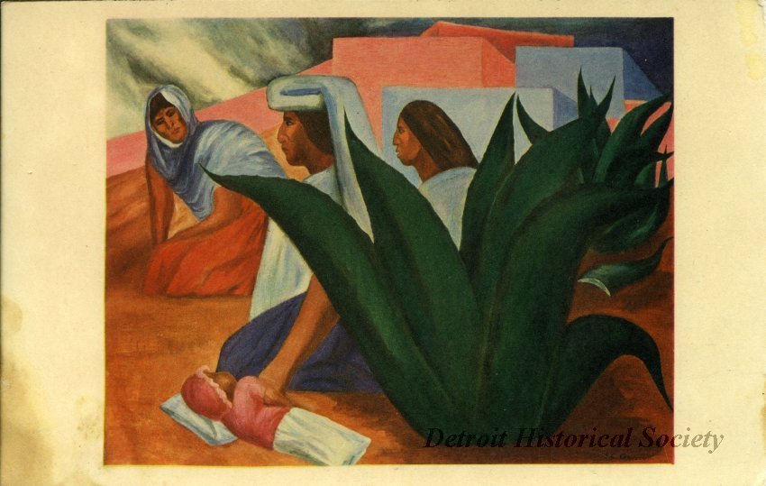 Postcard of the painting "Mexican Pueblo," by José Clemente Orozco